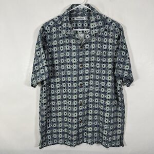 Tommy Bahama 100% Silk Hawaiian Shirt Mens Large Blue Geometric Button Up SS